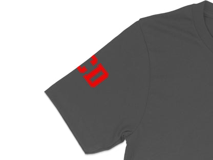 Dark Grey T-Shirt with Bold Red Design on Sleeve