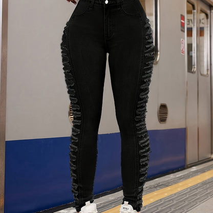 Stretchy Ripped Side Skinny Fit Distressed Denim Jeans - Versatile, Comfortable, and Fashionable Pants for Women - Premium Quality, Soft Fabric, and Classic Style