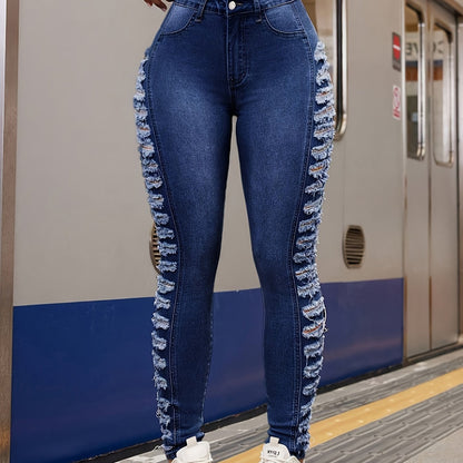 Stretchy Ripped Side Skinny Fit Distressed Denim Jeans - Versatile, Comfortable, and Fashionable Pants for Women - Premium Quality, Soft Fabric, and Classic Style