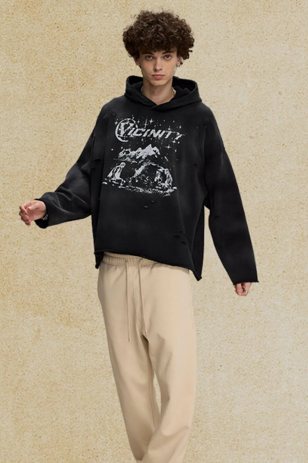 Men's Distressed Graphic Long Sleeve Hoodie - DCDesigns mens casual hoodie product view
