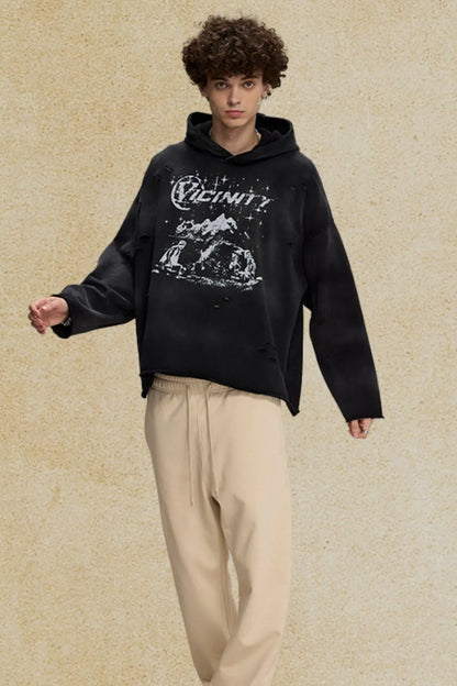 Men's Distressed Graphic Long Sleeve Hoodie - DCDesigns mens casual hoodie product view