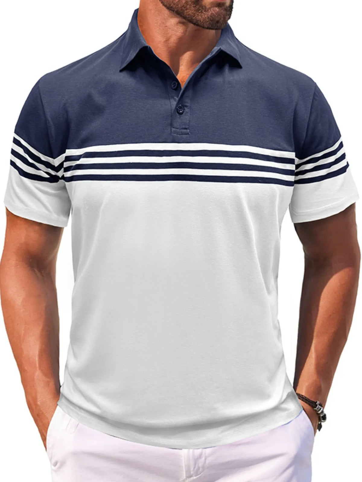 Men's Color Block Striped Polo Shirt - Dark Gray