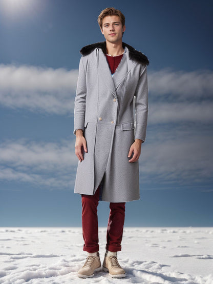 Men's Winter-Ready Slim-Fit Long Lapel Trench Coat with Plush Collar & Belt - Double-Breasted Notched Jacket, Golden-Tone Buttons, Heavy-Duty Cold Weather Outerwear for Formal & Casual (Maroon/Black) - Hand Wash/Dry Clean, Co