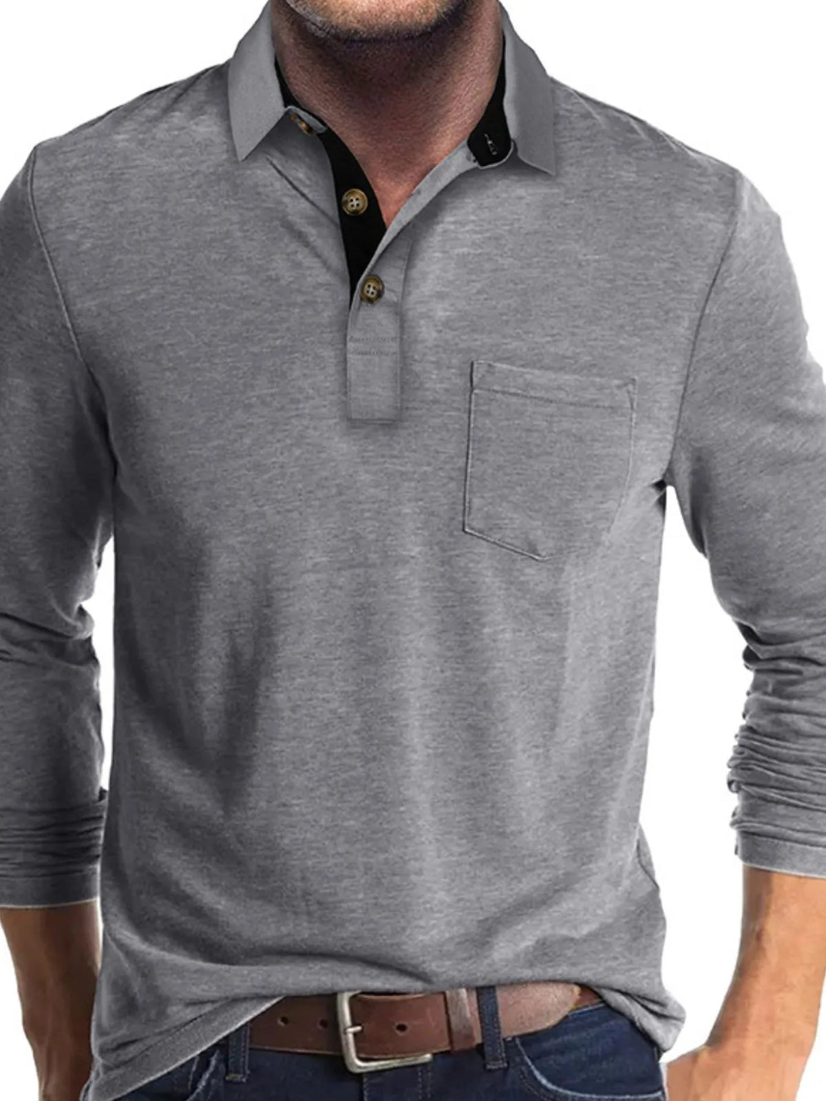 Men's Long Sleeve Pocket Polo Shirt - Gray