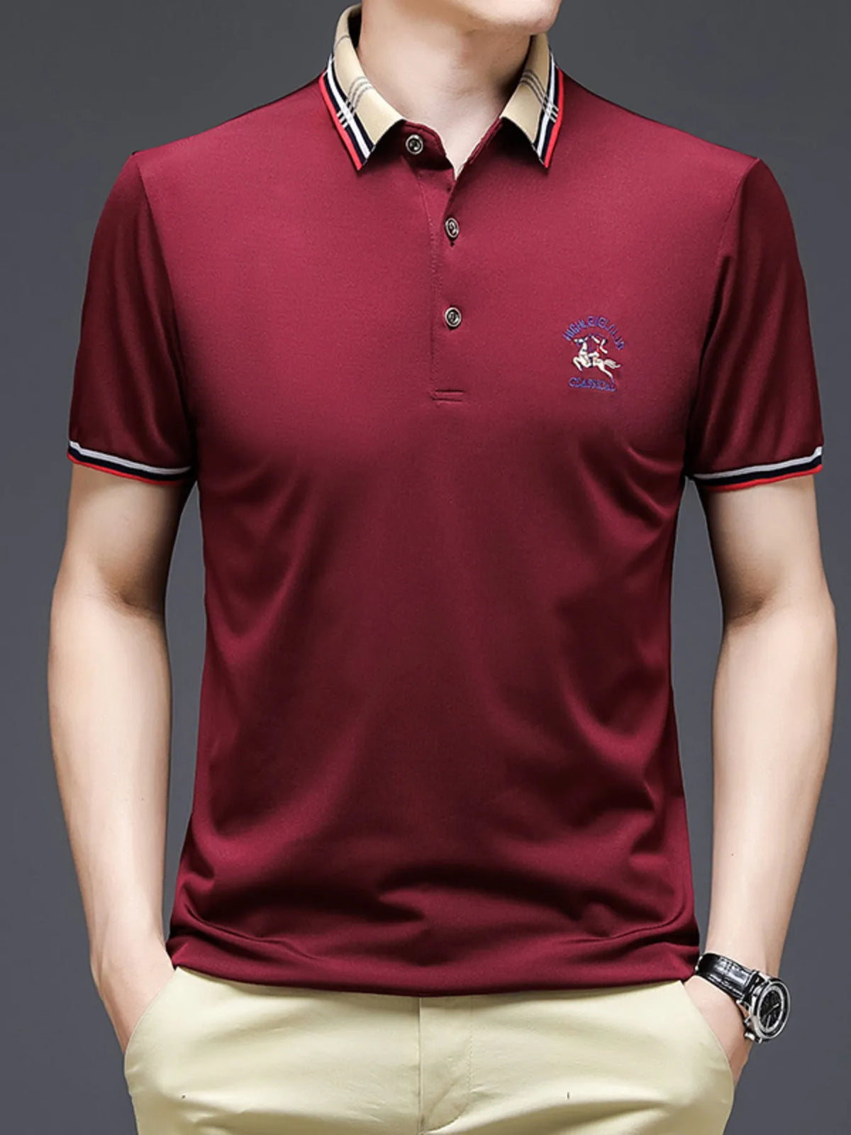 Men's Striped Collar Short Sleeve Polo Shirt - Black
