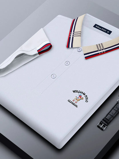Men's Striped Collared Short Sleeve Embroidered Polo Shirt - Black