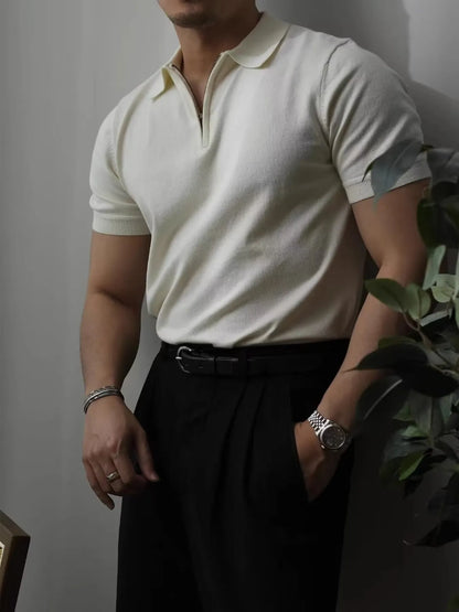 Men's Zip Collar Short Sleeve Polo Shirt - Black