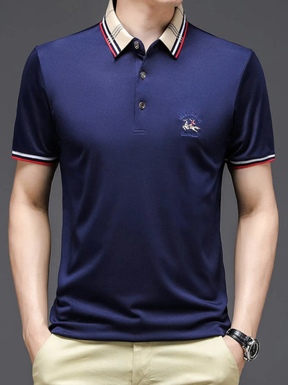Men's Striped Collar Short Sleeve Polo Shirt - Black
