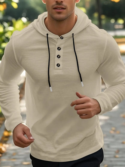Men's Full Size Drawstring Button Detail Long Sleeve Hoodie Plus Size - DCDesigns mens casual hoodie product view