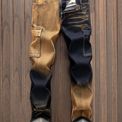 Vintage-Inspired Distressed Denim Cargo Pants for Men - Cotton Blend, Striped, Casual Fit with Multi-Pocket Design