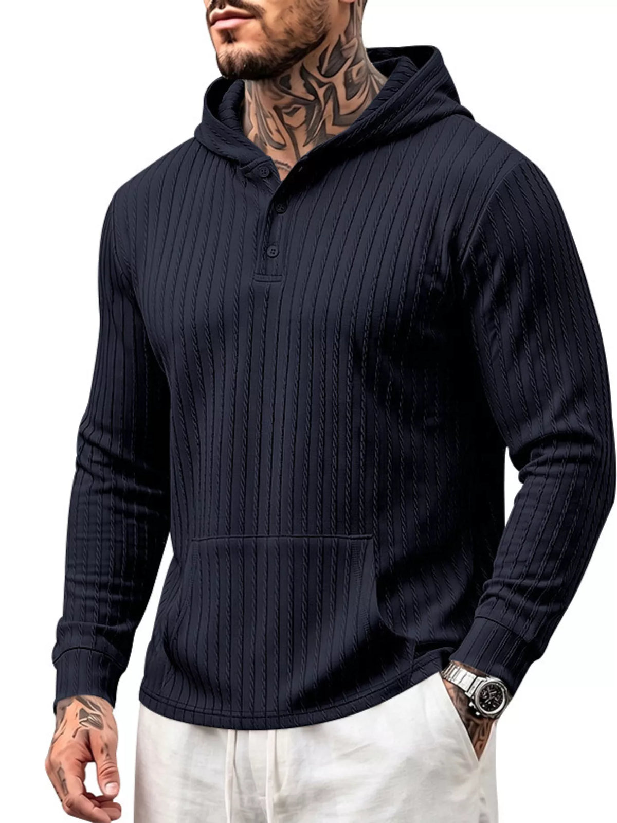 Men's Full Size Casual Kangaroo Pocket Knit Hoodie Plus Size - DCDesigns mens casual hoodie product view