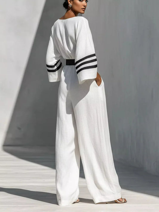 Wide Sleeve and Contrast Striped Jumpsuit | DCDesigns Women's Jumpsuits
