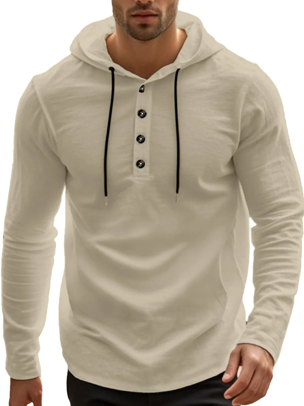 Men's Full Size Drawstring Button Detail Long Sleeve Hoodie Plus Size - DCDesigns mens casual hoodie product view