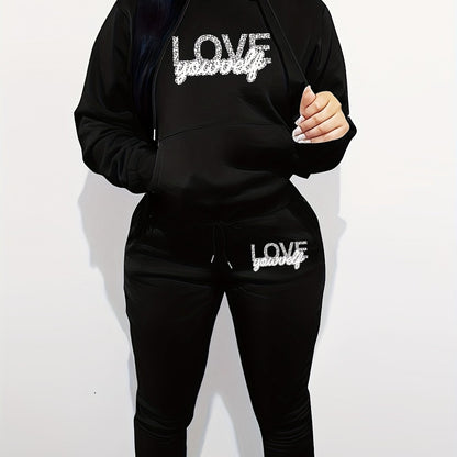 Women's Polyester Two-Piece Tracksuit - Hooded Long Sleeve Alphabet Print Hoodie and Pants Set with Pockets - Casual Knit Fabric - Autumn/Winter Outfit - For Women - Perfect for Casual Wear, Loungewear, and Running Errands -
