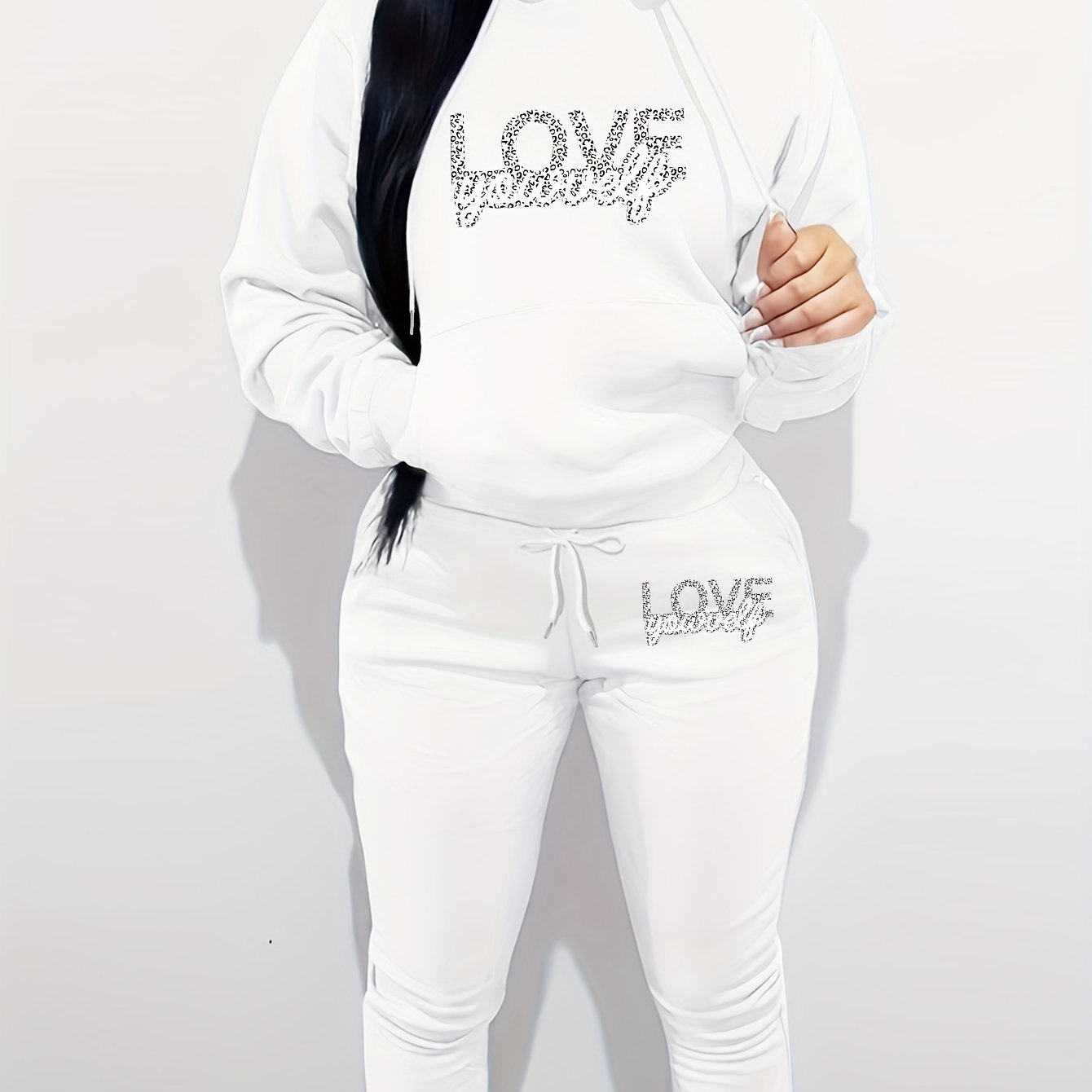 Women's Polyester Two-Piece Tracksuit - Hooded Long Sleeve Alphabet Print Hoodie and Pants Set with Pockets - Casual Knit Fabric - Autumn/Winter Outfit - For Women - Perfect for Casual Wear, Loungewear, and Running Errands -