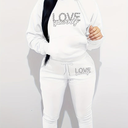 Women's Polyester Two-Piece Tracksuit - Hooded Long Sleeve Alphabet Print Hoodie and Pants Set with Pockets - Casual Knit Fabric - Autumn/Winter Outfit - For Women - Perfect for Casual Wear, Loungewear, and Running Errands -