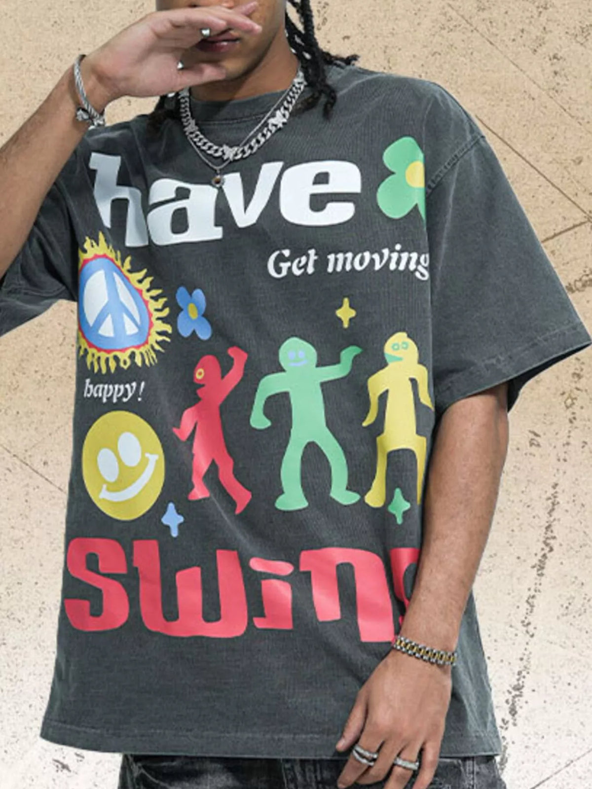 Men's Graphic Round Neck Oversized T-Shirt – men's bold Y2K streetwear graphic tee, product image 4