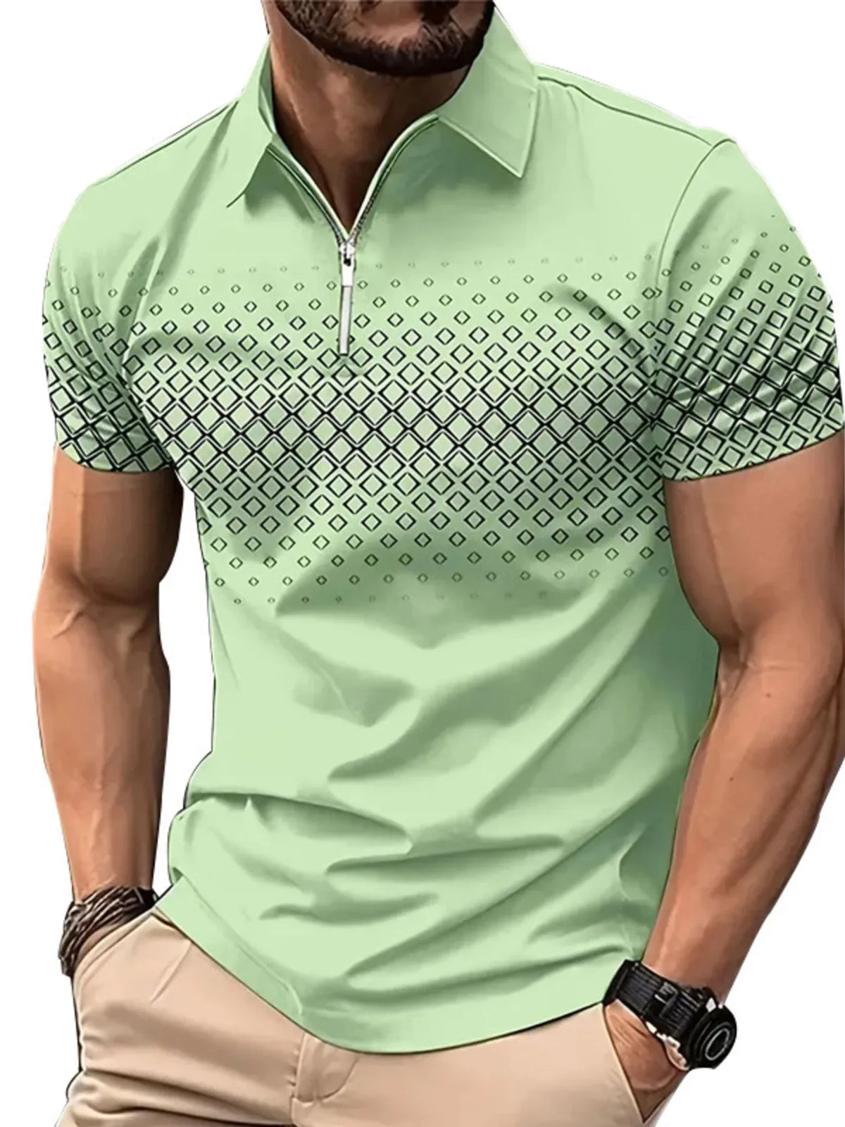 Men's Diamond Print Short Sleeve Polo Shirt - Dark Gray