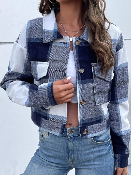Women’s plaid cropped button-front jacket by Poncette
