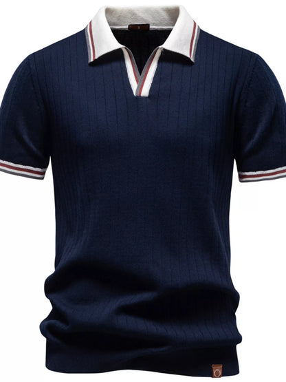 Men's Classic Ribbed Knit Short Sleeve Polo Shirt - Coffee