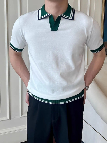Men's Classic Striped Collar Knit Polo Shirt - White