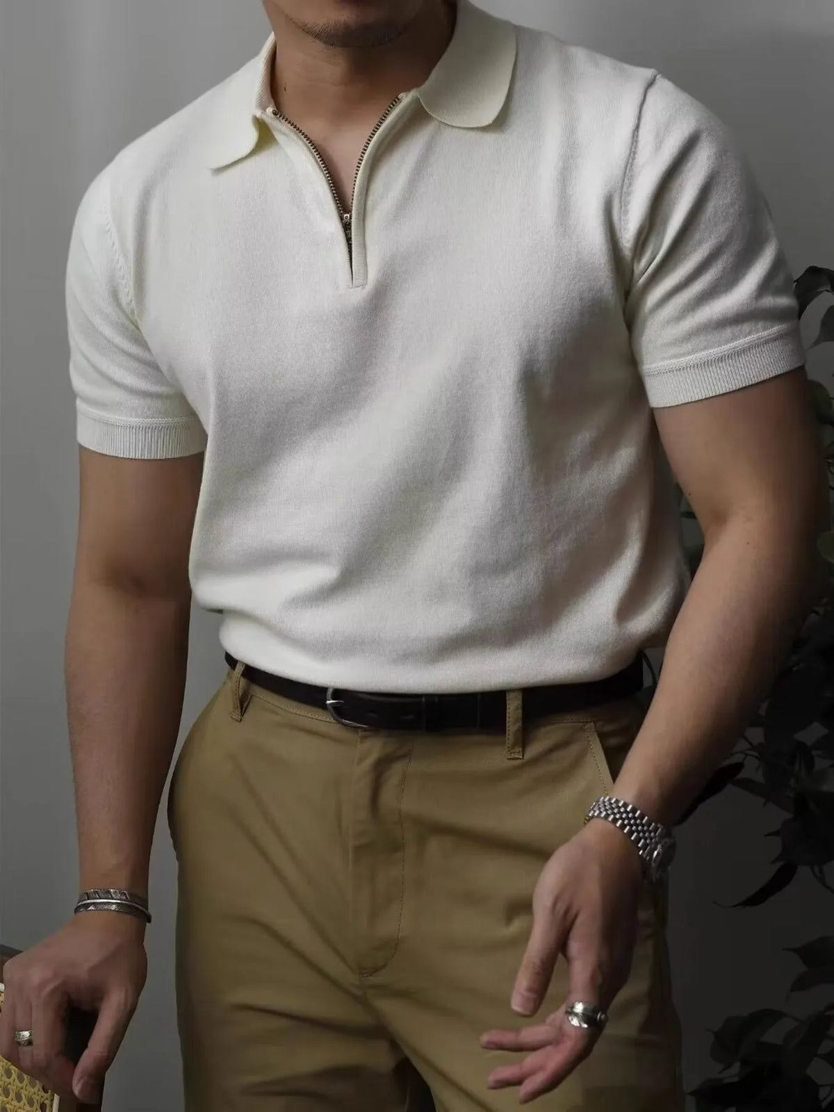Men's Zip Collar Short Sleeve Polo Shirt - White