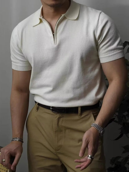 Men's Zip Collar Short Sleeve Polo Shirt - White