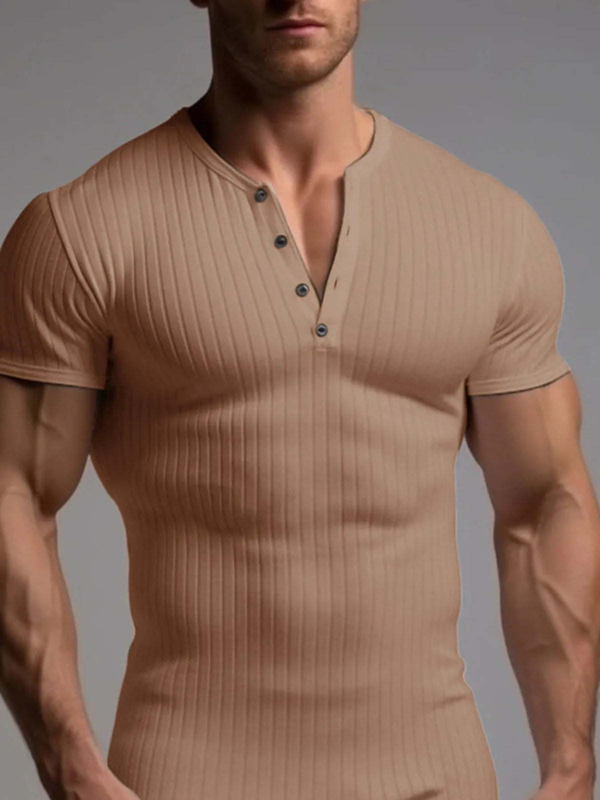 Men's Slim Fit Ribbed Henley Polo Shirt - Black