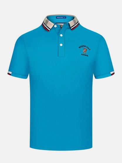 Men's Striped Collared Short Sleeve Embroidered Polo Shirt - White