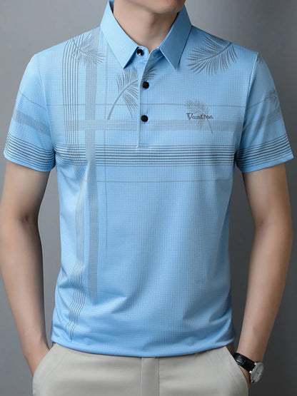 Men's Palm Leaf Print Short Sleeve Polo Shirt - Light Blue