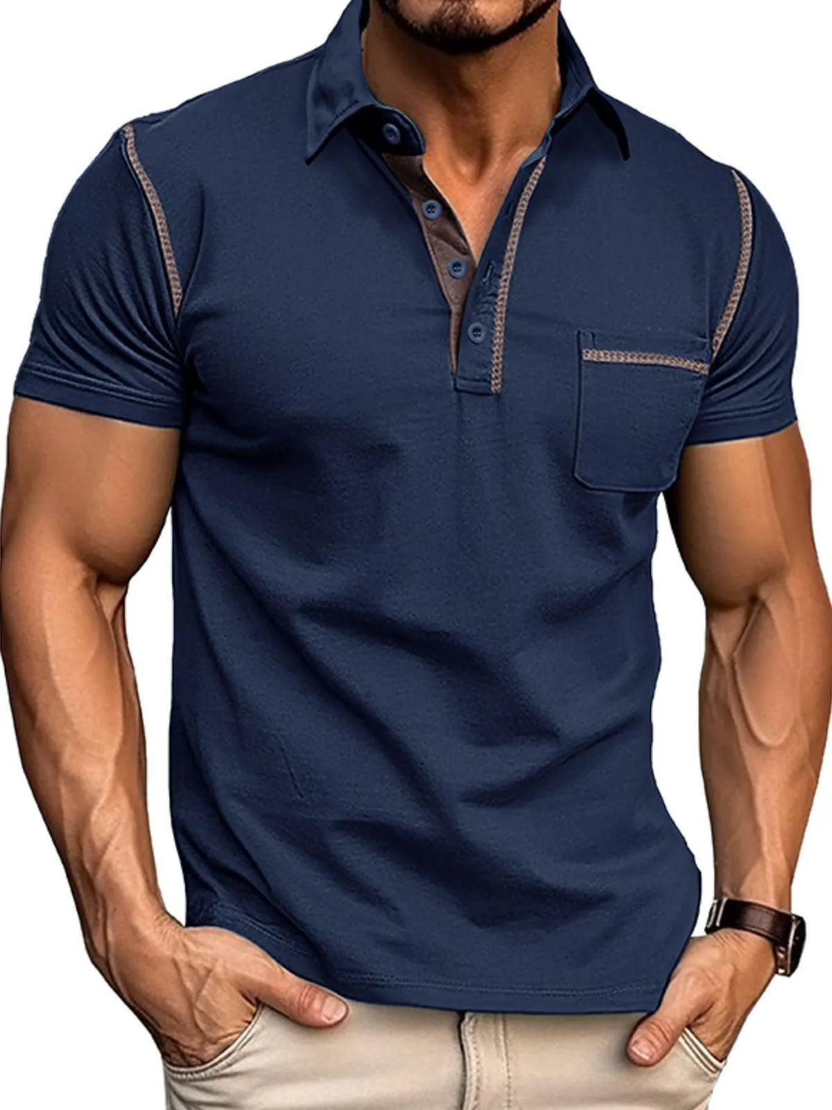 Men's Classic Polo Shirt with Contrast Stitching - Navy