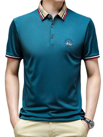 Men's Striped Collar Short Sleeve Polo Shirt - Navy