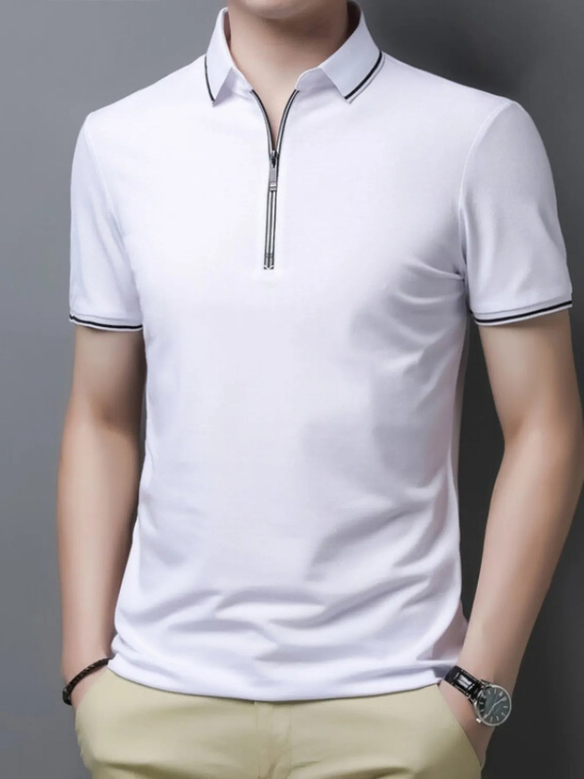 Men's Half-Zip Contrast Trim Polo Shirt - Black