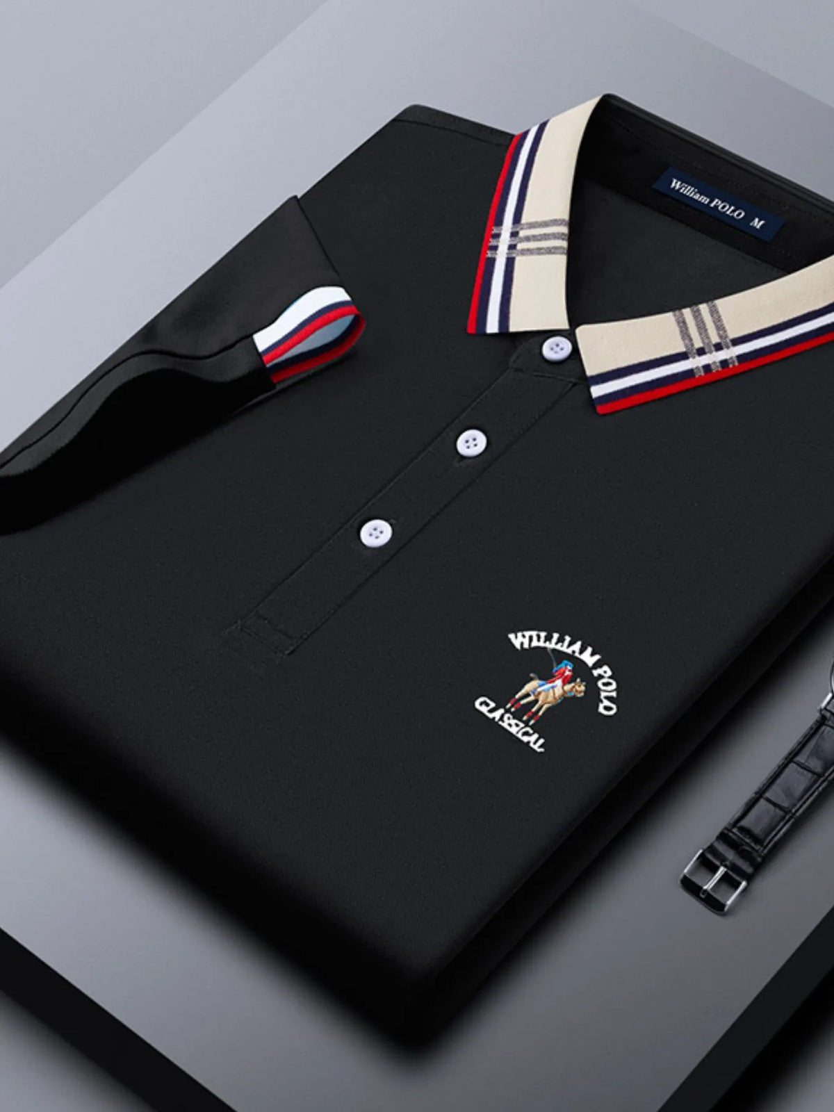 Men's Striped Collared Short Sleeve Embroidered Polo Shirt - Black