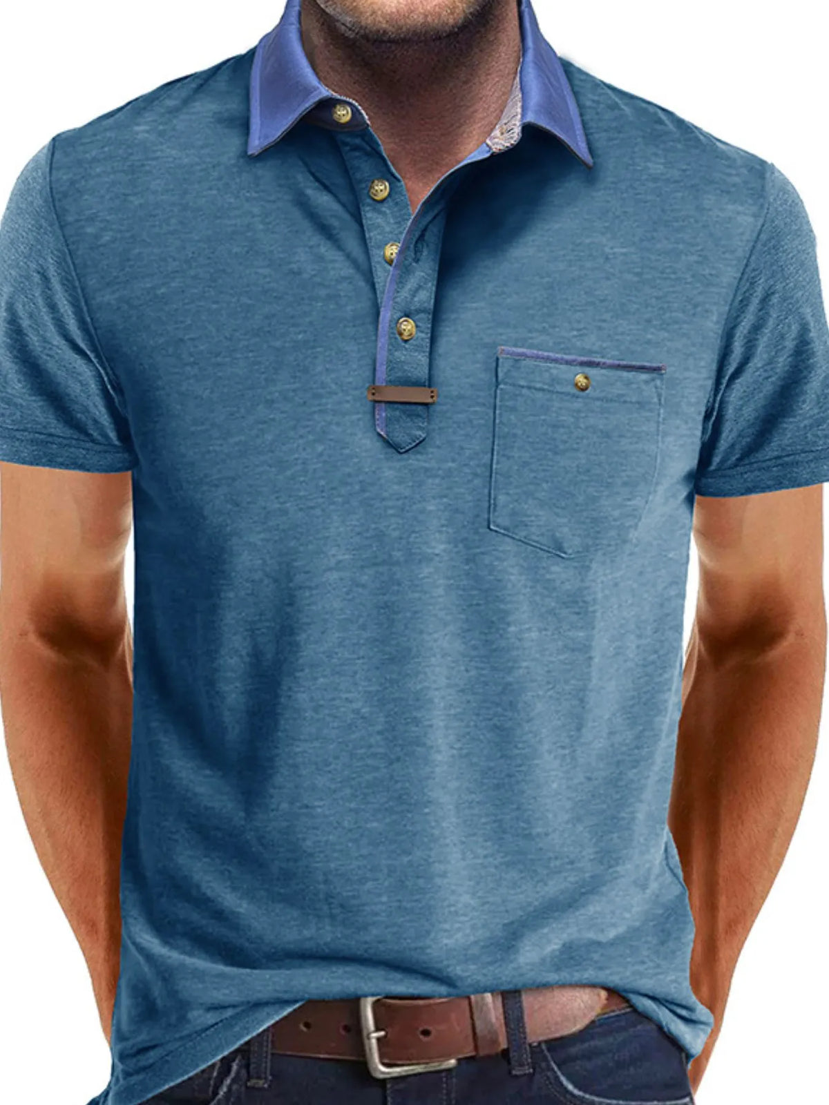 Men's Contrast Collar Pocket Polo Shirt - White