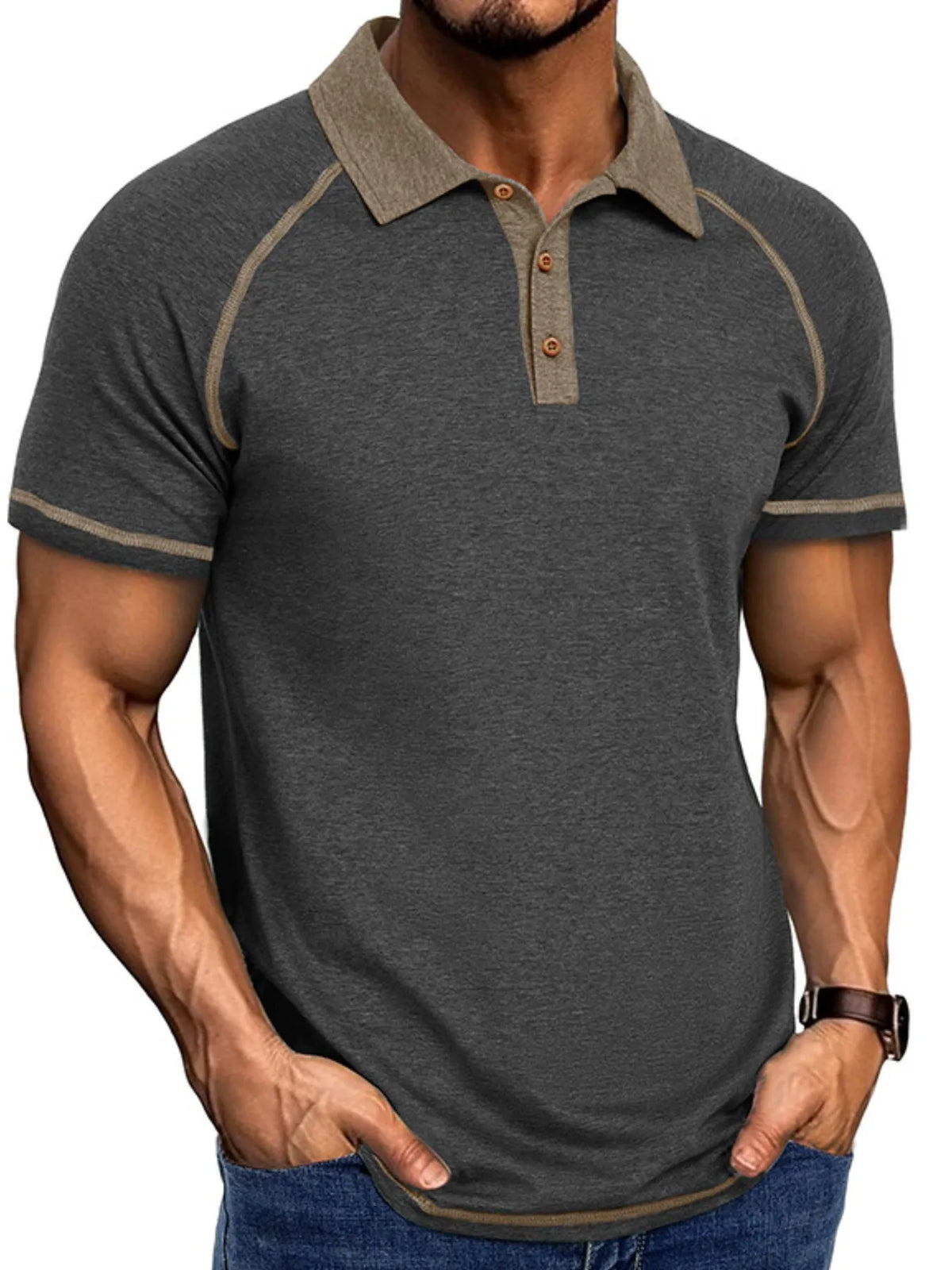 Men's Contrast Collar Short Sleeve Polo Shirt - Dark Gray