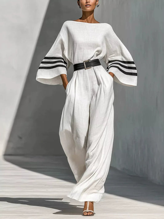 Wide Sleeve and Contrast Striped Jumpsuit | DCDesigns Women's Jumpsuits