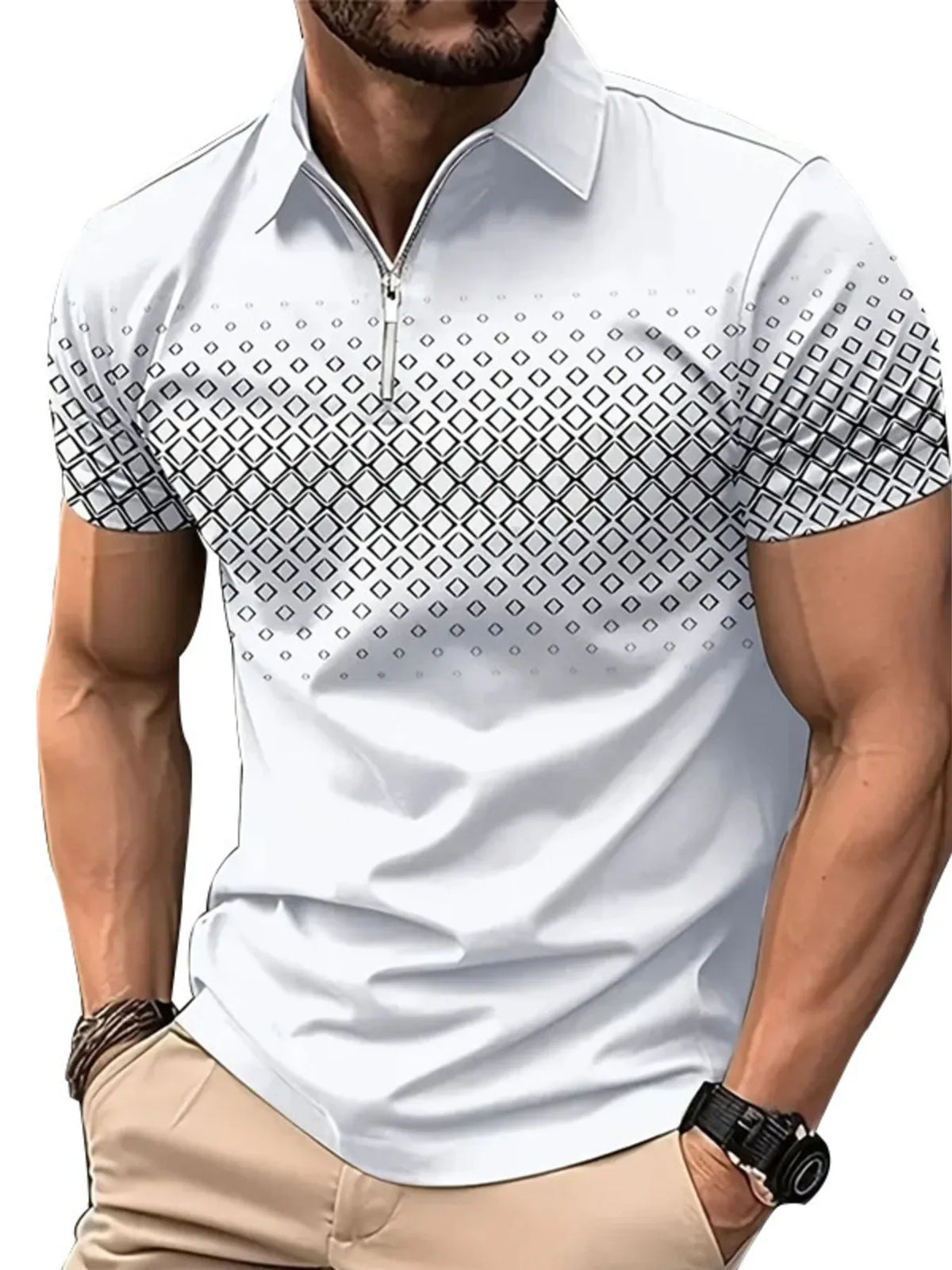 Men's Diamond Print Short Sleeve Polo Shirt - Army Green