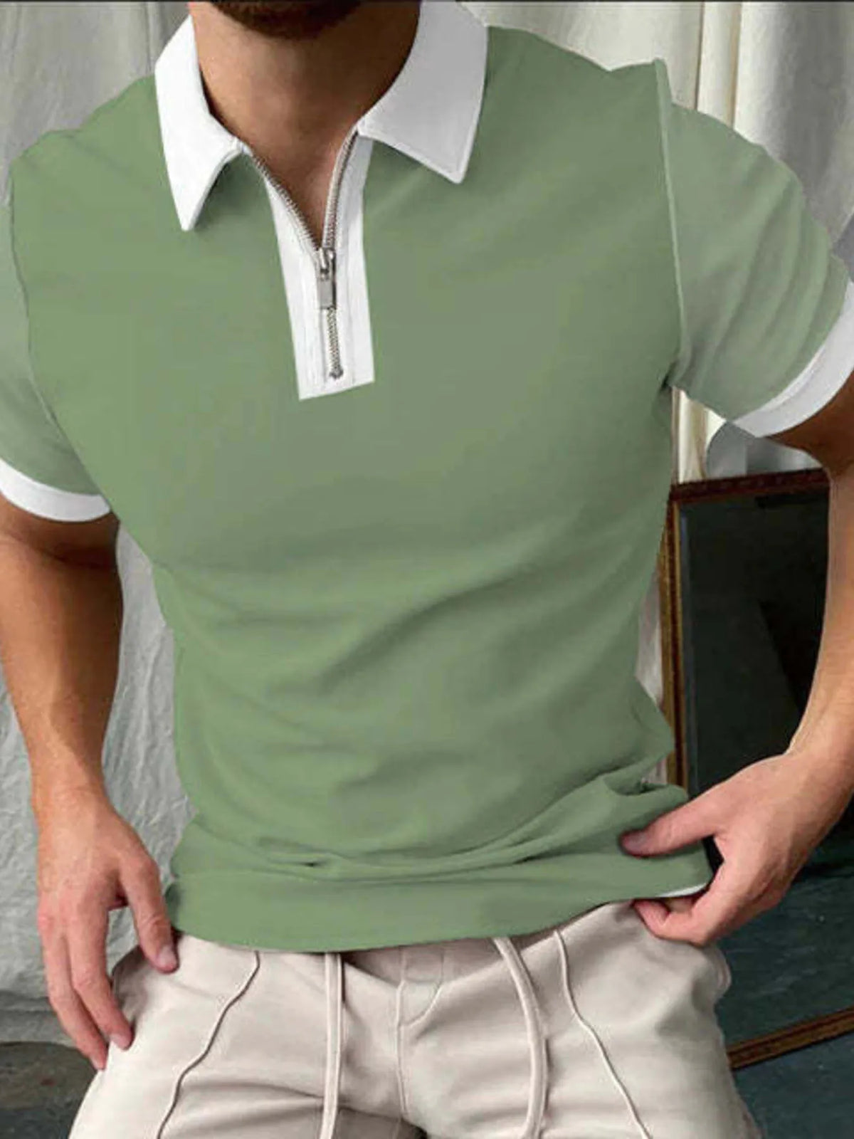 Men's Contrast Stripe Zipper Polo Shirt - White