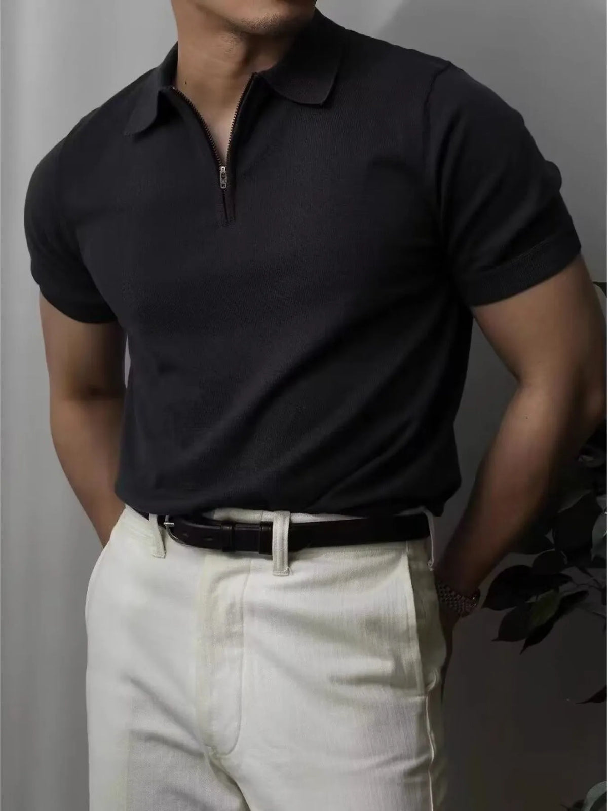 Men's Zip Collar Short Sleeve Polo Shirt - Black