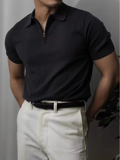 Men's Zip Collar Short Sleeve Polo Shirt - Black