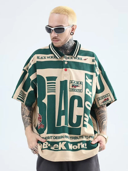 Men's Letter Print Half Sleeve Polo Shirt - Black