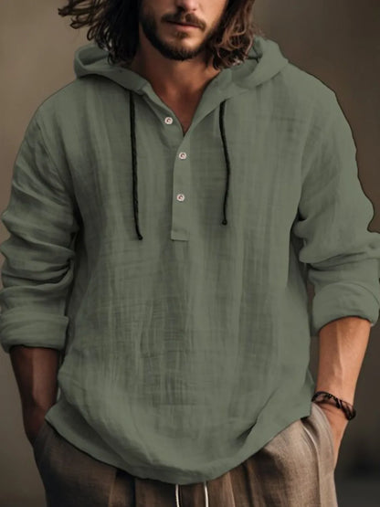 Men's Full Size Half Button Long Sleeve Hoodie - DCDesigns mens casual hoodie product view