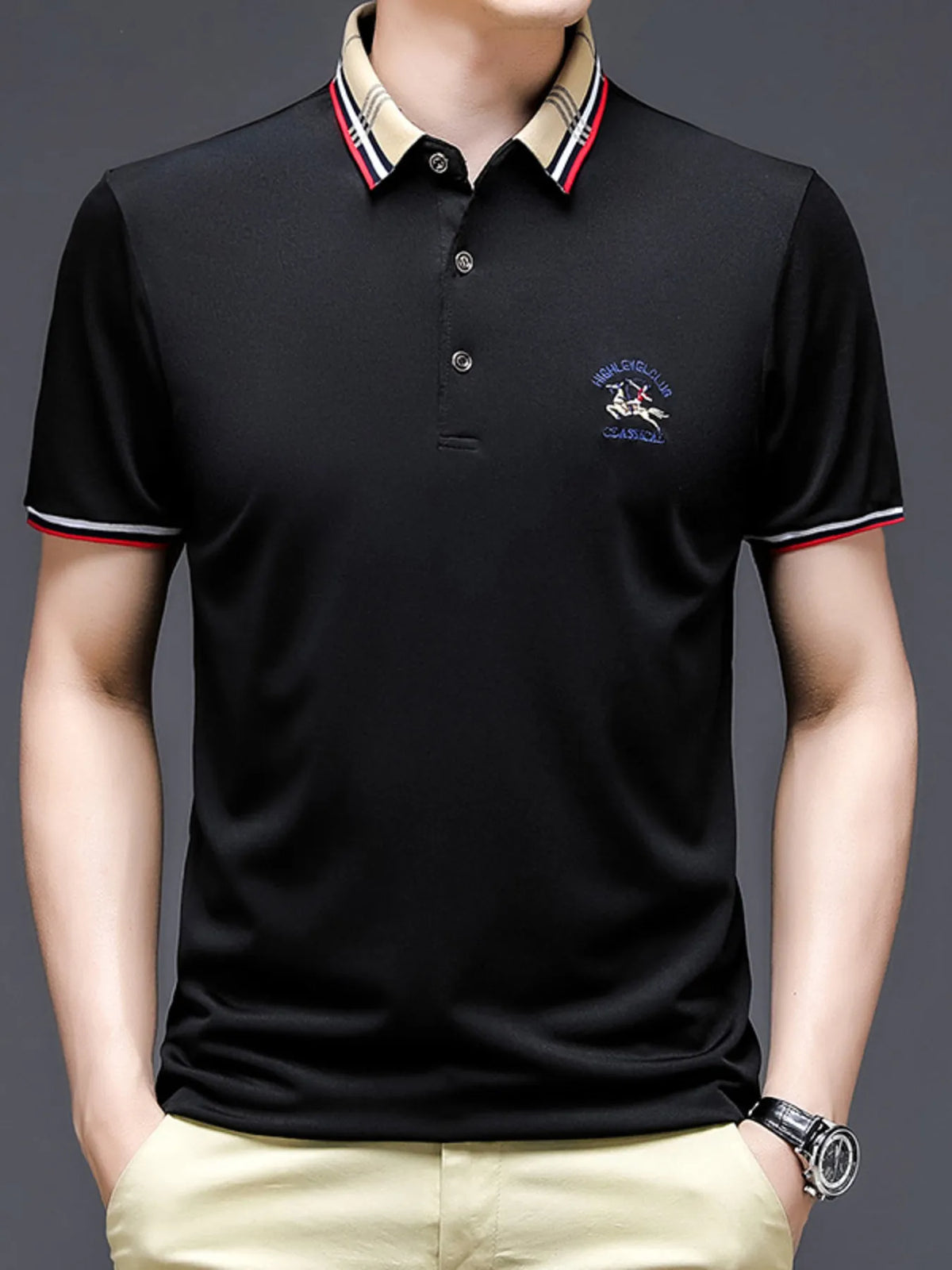Men's Striped Collar Short Sleeve Polo Shirt - Black