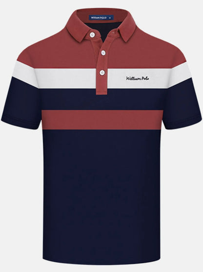 Men's Color Block Striped Short Sleeve Polo Shirt - Burgundy