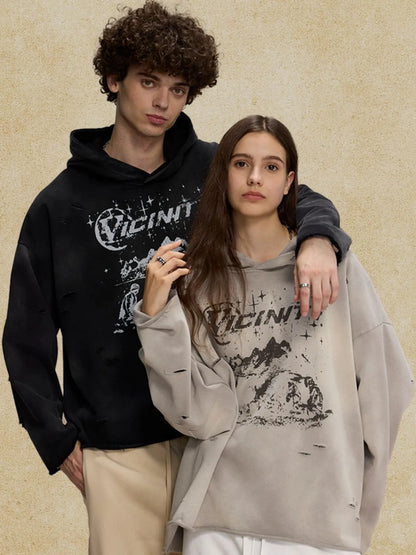 Men's Distressed Graphic Long Sleeve Hoodie - DCDesigns mens casual hoodie product view