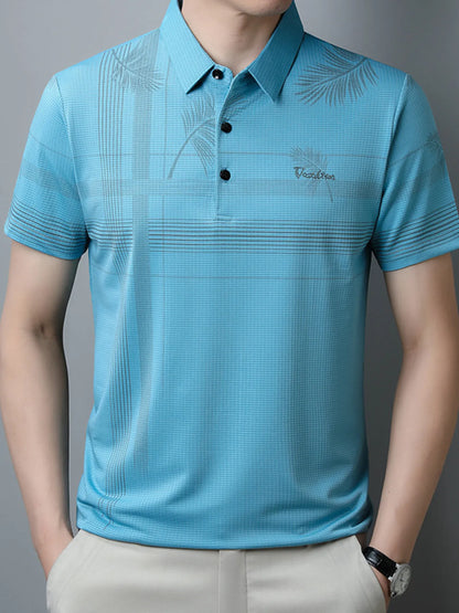 Men's Palm Leaf Print Short Sleeve Polo Shirt - Light Blue