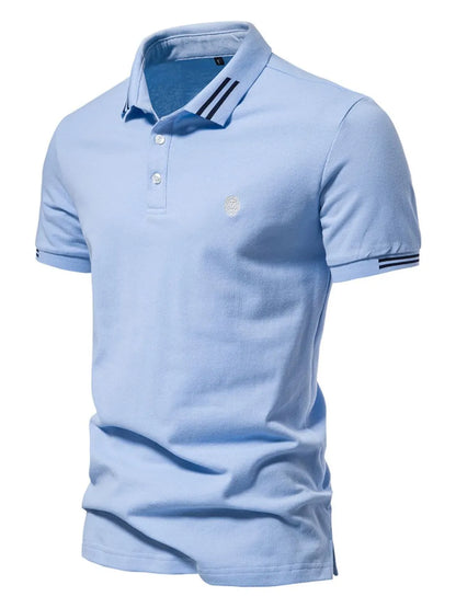 Men's Embroidered Striped Short Sleeve Polo Shirt - Light Blue