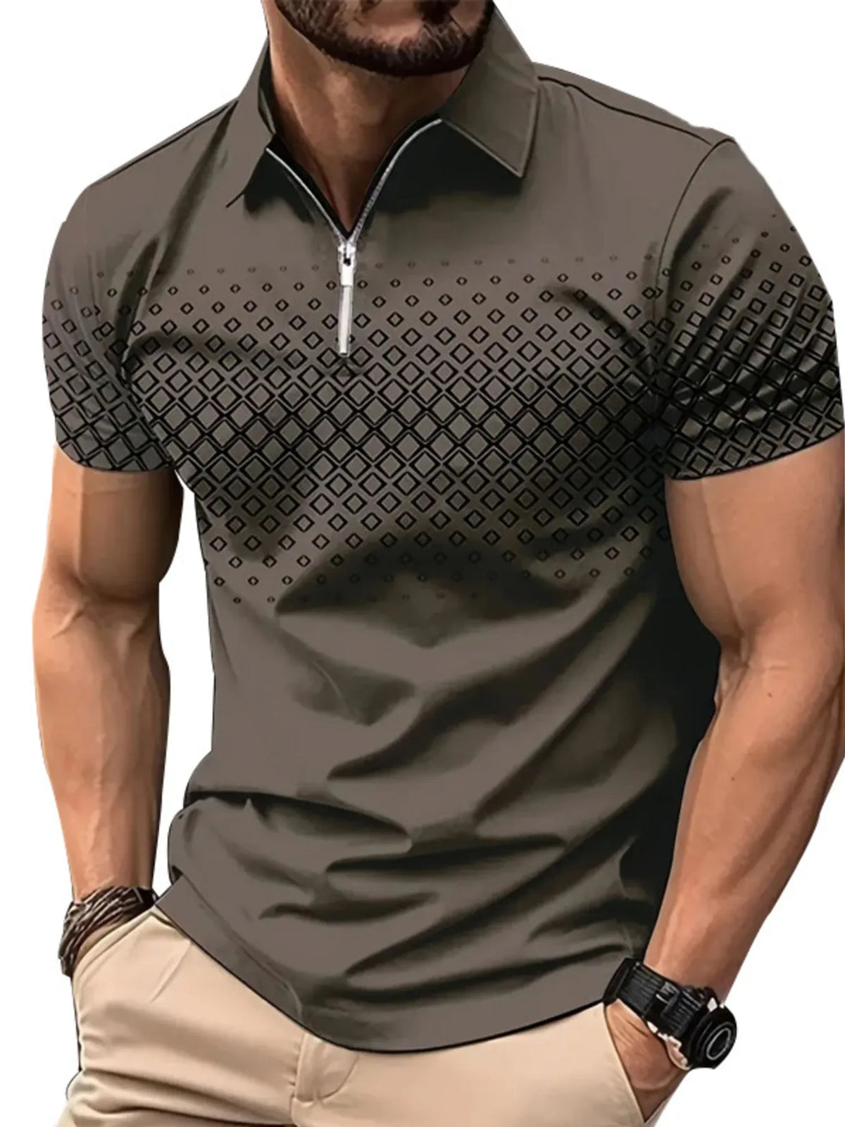 Men's Diamond Print Short Sleeve Polo Shirt - Army Green