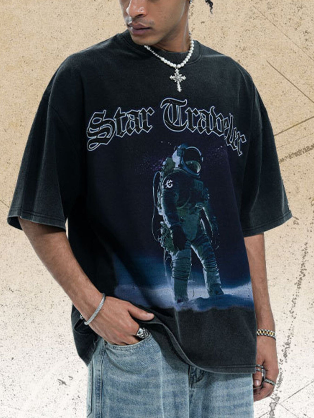 Men's Star Traveler Graphic Oversized T-Shirt – men's bold Y2K streetwear graphic tee, product image 2